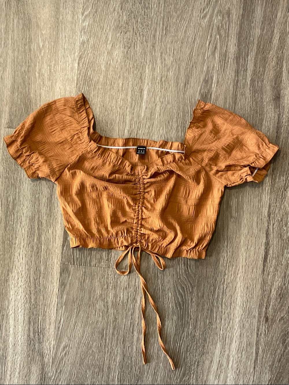 SHEIN Rust Orange brown Cropped Puff-Sleeve Drawstring Top